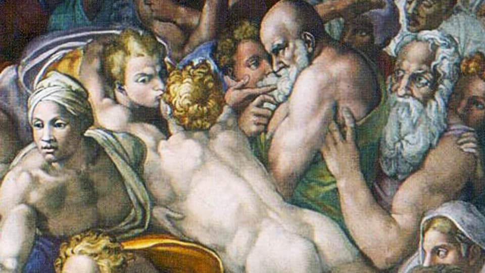 Ausschnitt Malerei, in der Mitte küssen sich zwei junge Männer mit nacktem Oberkörper, darum herum andere Figuren.