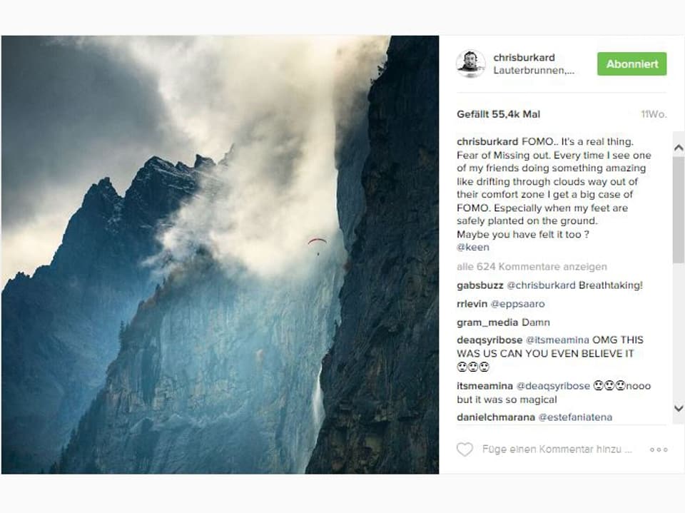 Printscreen Instagram: Gleitschirmflieger vor hohen Bergen