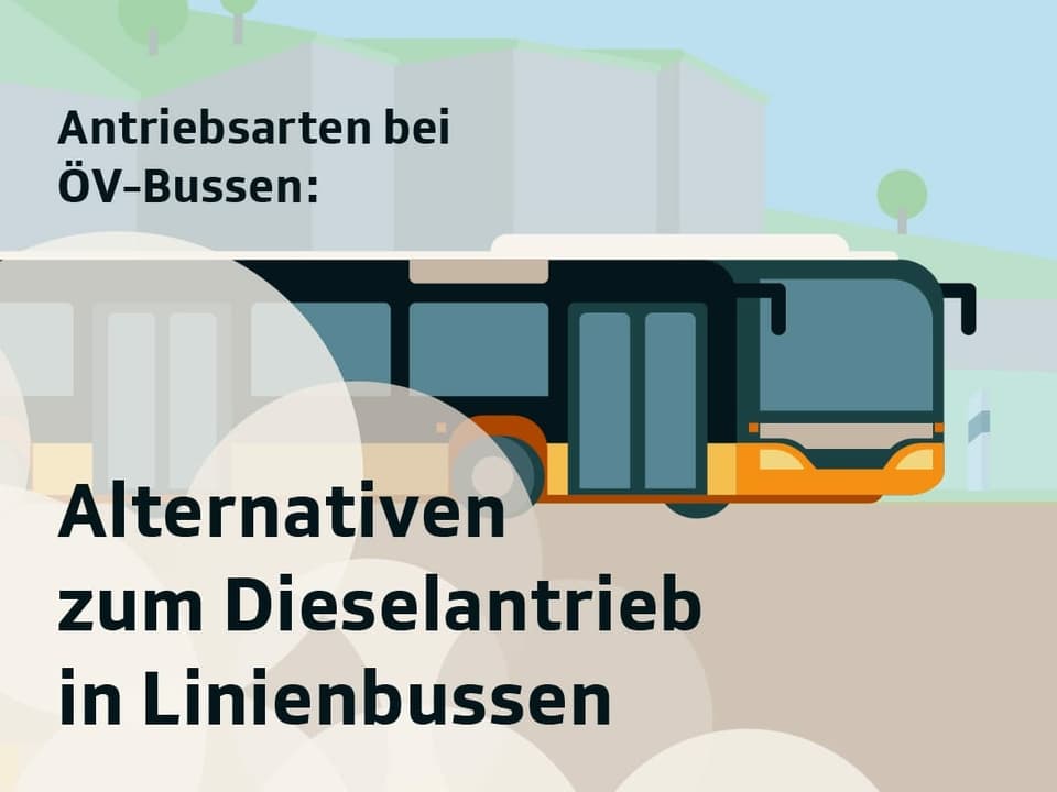 Symbolbild Postauto. Text: "Alternativen zum Dieselantrieb in Linienbussen"