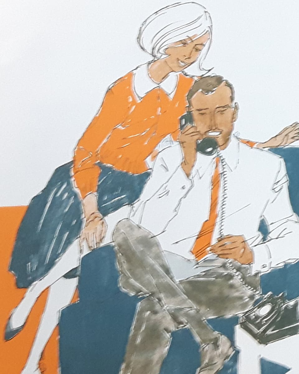 Illustration von einer Frau, die neben ihrem Mann sitzt, der gerade telefoniert.