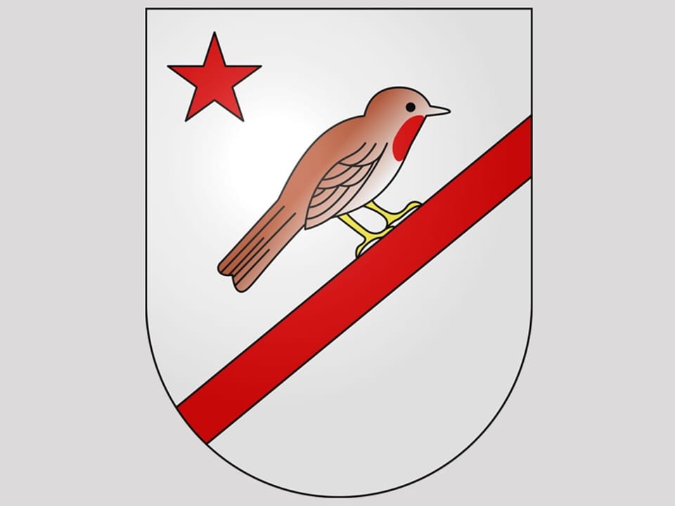 Ein Wappen mit einem Rothkelchen, das auf einem roten Balken sitzt. 