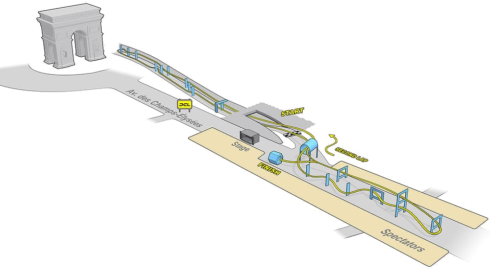 Der Plan der Rennstrecke in Paris. Die halbe Strecke liegt über der Champs-Élysées, die andere führt durch einen stillgelegten Auto-Tunnel.