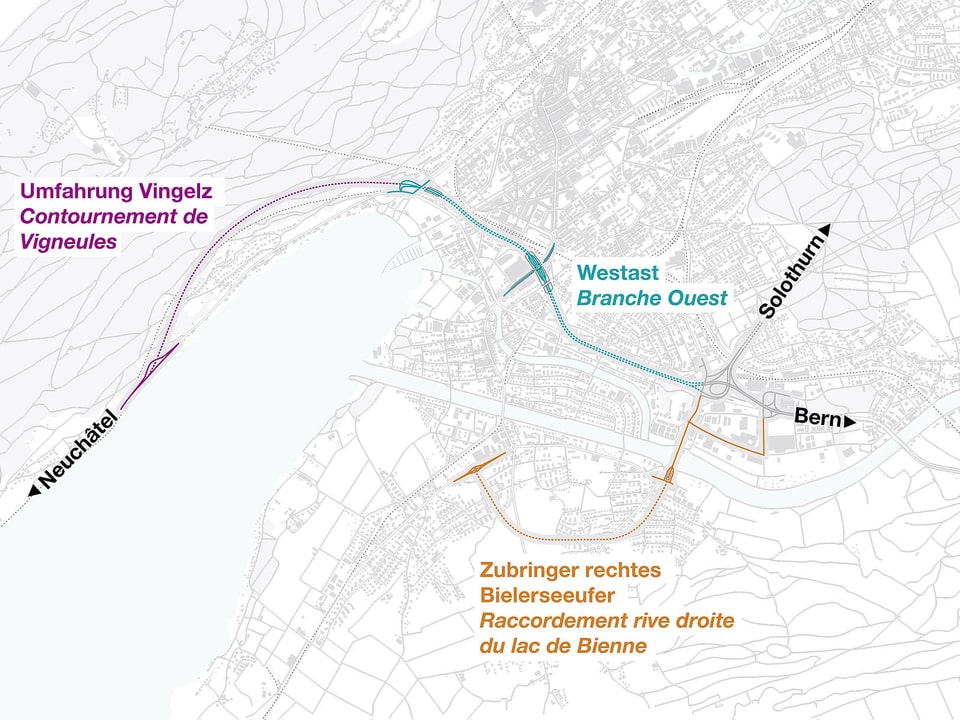 Stadtplan mit eingezeichneten Linien Westast, Zubringer rechtes Bielerseeufer und Umfahrung Vingelz