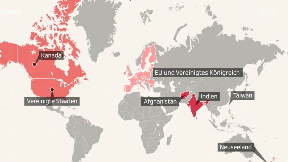 Weltkarte mit jenen Ländern herausgehoben, die Tiktok verbieten oder einschränken.