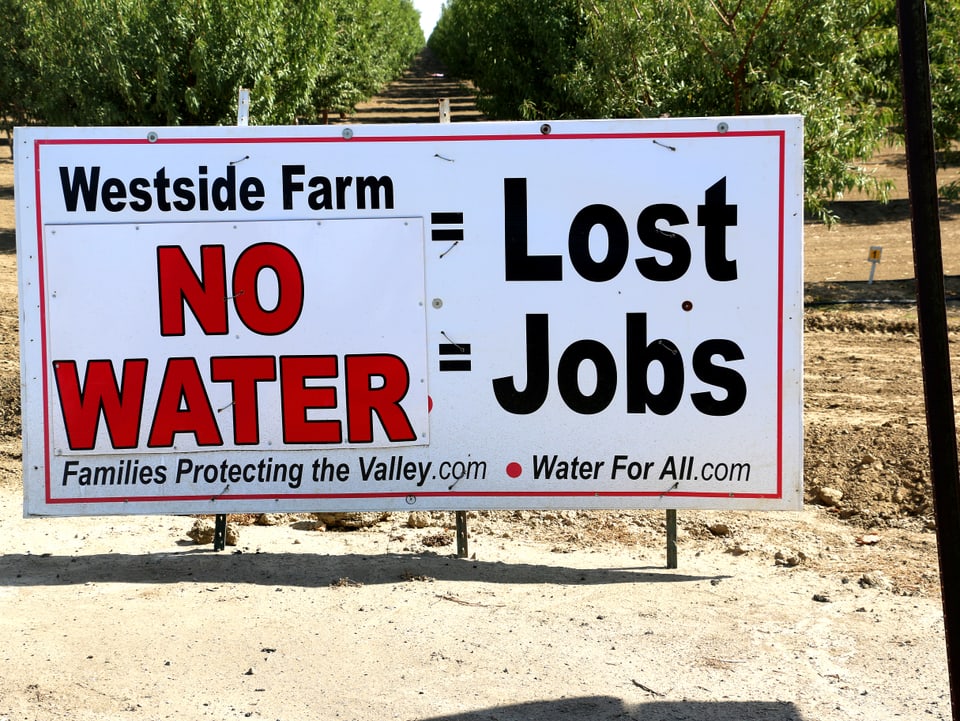 Schild mit der Aufschrift: «No Water = Lost Jobs».