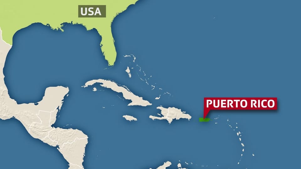 Karte der Karibik/Golf von Mexiko, Puerto Rico und die USA sind eingezeichnet/angeschrieben.