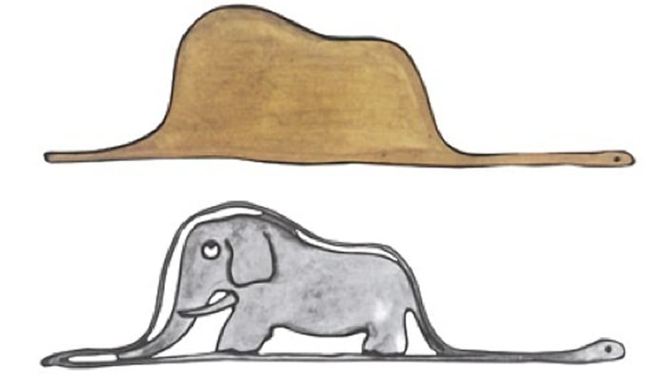 Eine Zeichnung, die einen Hut bzw. eine Boa mit Elefant zeigt.