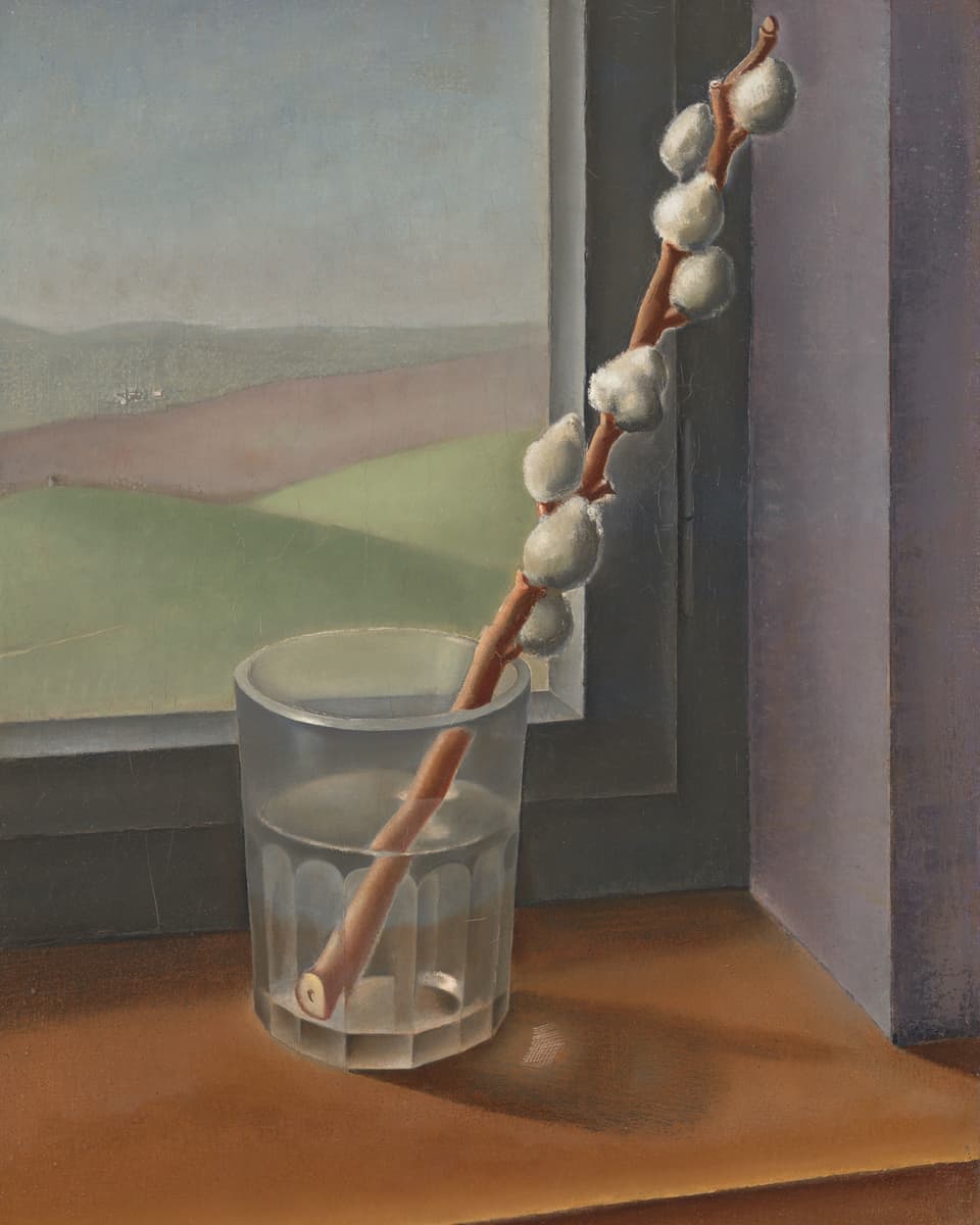 Gemälde eines Weidekätzchens in einem Glas Wasser auf einem Fensterbrett.