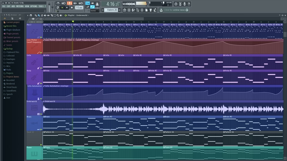 So sieht ein Projekt in FL Studio aus, bevor man das fertige Lied exportieren kann. 