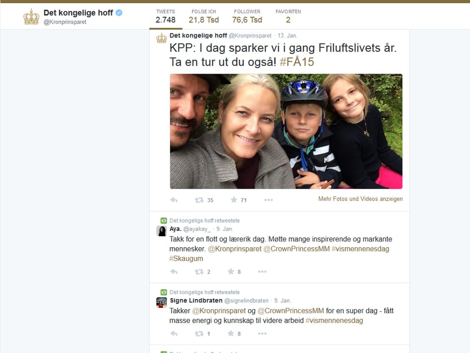 Screenshot der Twitter-Seite der norwegischen Royals