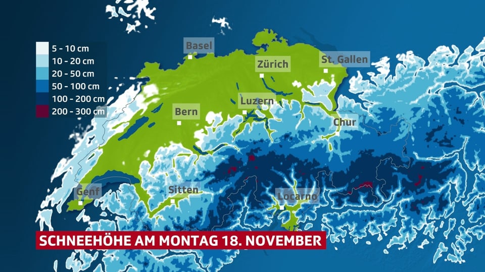 Schweizer Karte, die die aktuelle Schneehöhe zeigt.