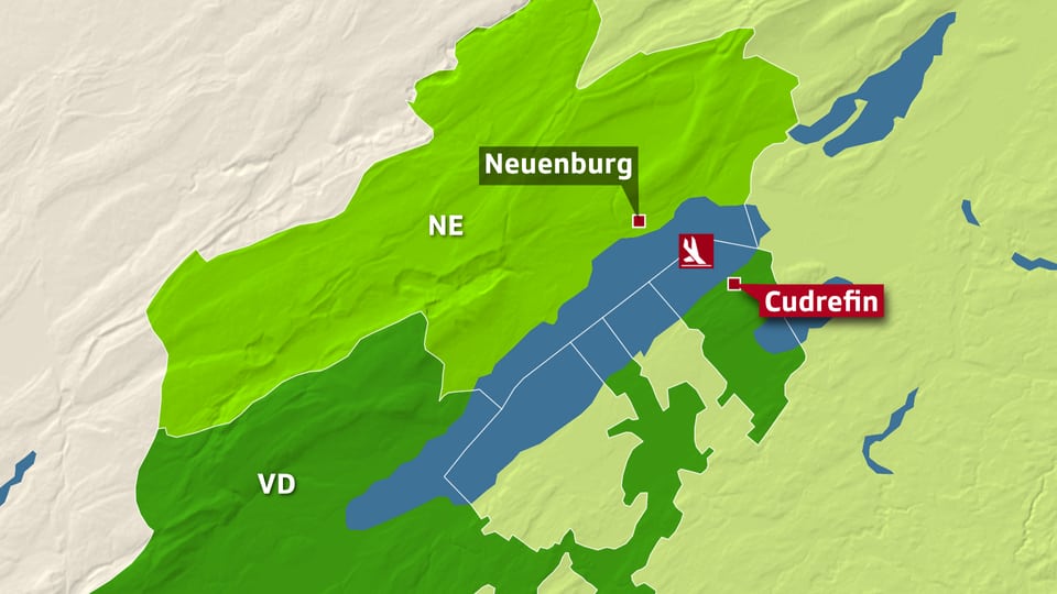 Karte zeigt den Neuenburgersee mit den angrenzenden Kantonen VD, NE und FR.