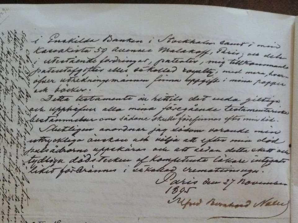 Alfred Nobels Unterschrift auf seinem Testament vom 27. November 1895.