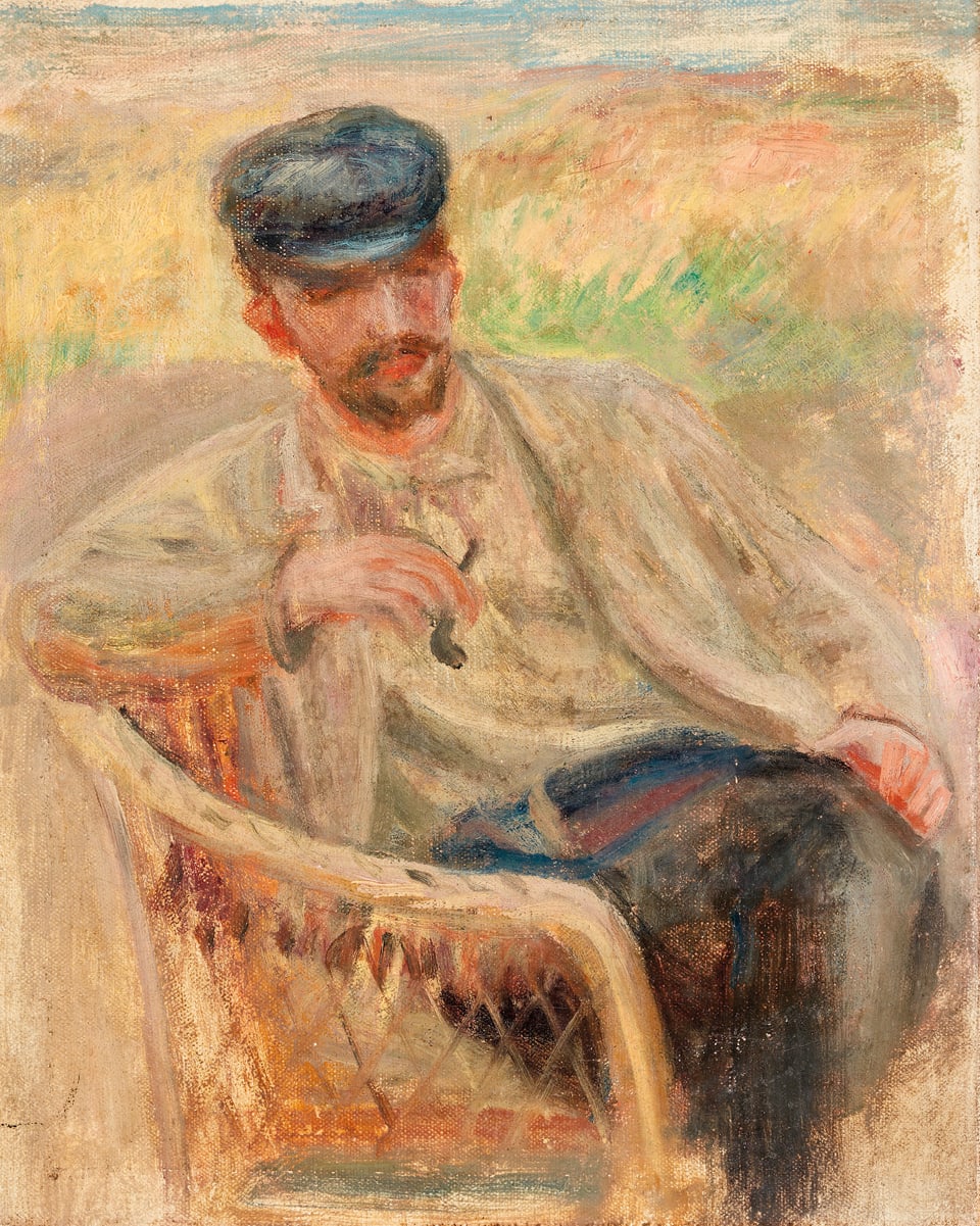Ein Gemälde: Ein Mann sitzt in einem Gartenstuhl in einem Feld. Er hält eine Pfeife in der Hand.