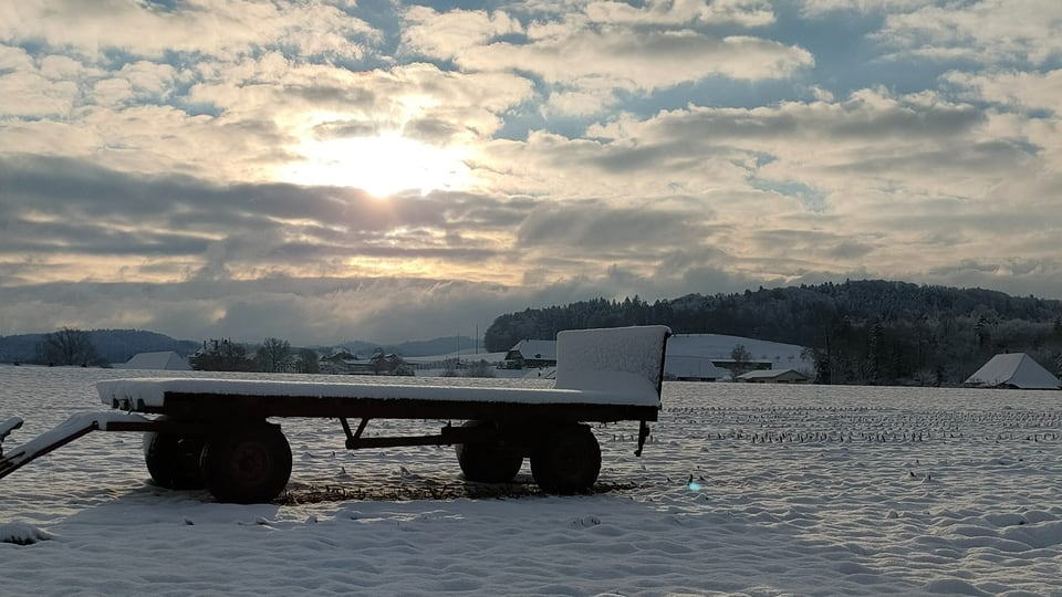 Winterlicher Acker mit Brückenwagen in Hindelbank.