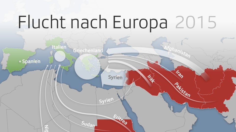 Grafische Darstellung der Fluchtrouten von Afrika und aus dem Nahen Osten nach Europa.