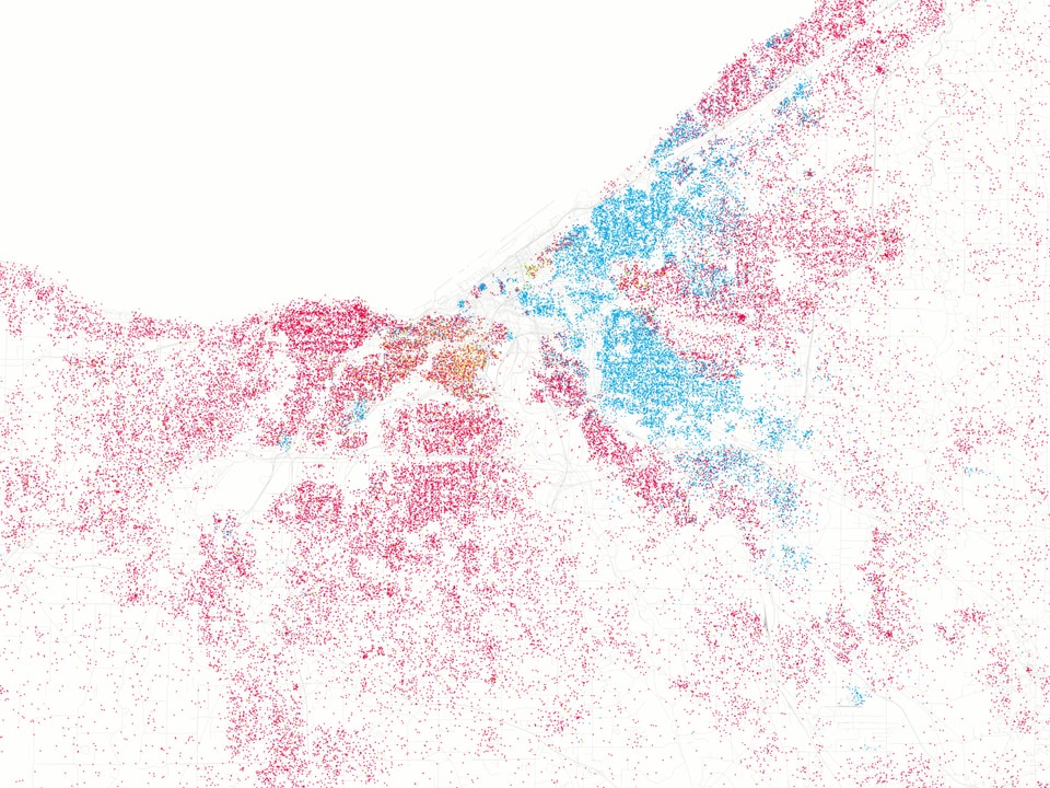 Diese «Karte» der Stadt Cleveland im US-Bundesstaat Ohio zeigt die Einwohner als Punkte in verschiedenenen Farben, je nach etnischer Herkunft.