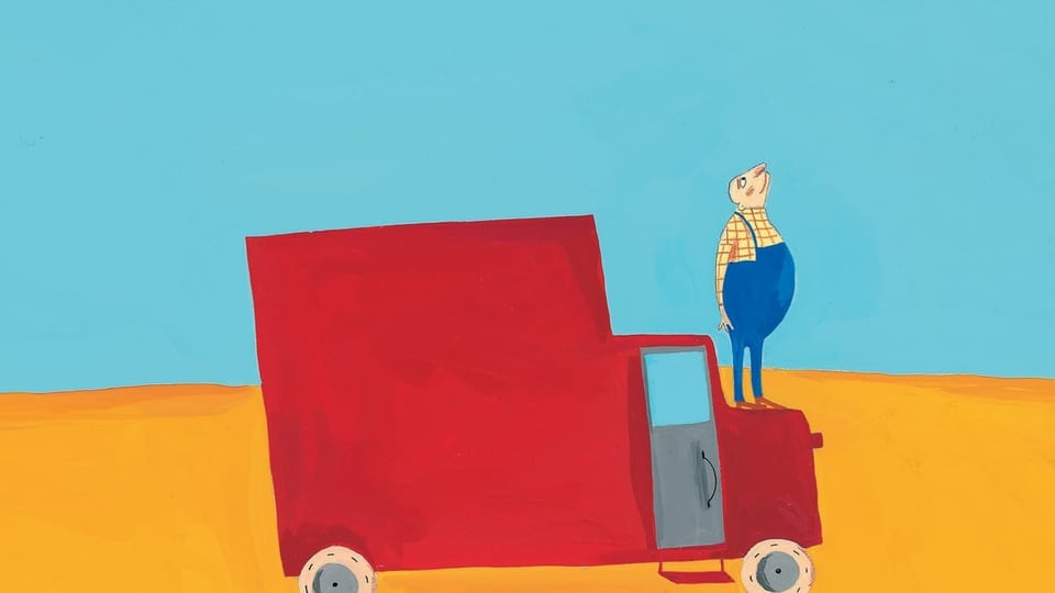 eine Zeichnung eines roten Lastwagens und ein Mann steht drauf