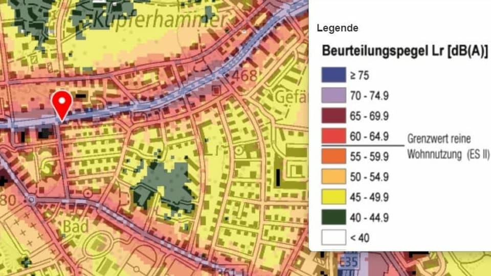 Ausschnitt der Lärmkarte des Bundes von der Luzernerstrasse in Kriens.