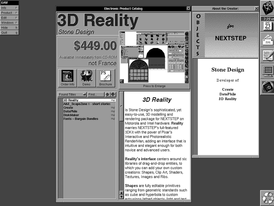 Screenshot des ersten App-Stores: Eine 3D Software für $ 449 wird angeboten. 