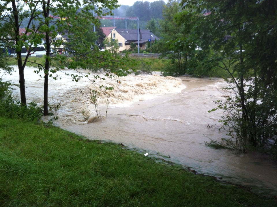 Die Töss führt Hochwasser und ist stellenweise über die Ufer getreten