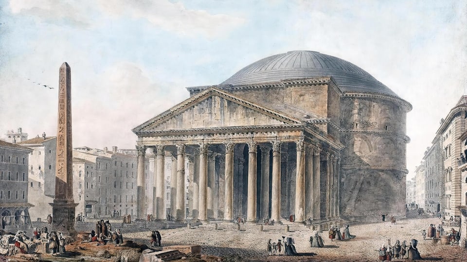 Historisches Gemälde eines Tempels mit einer imposanten Rundkuppel und antiker Säulenhalle im Eingangsbereich.