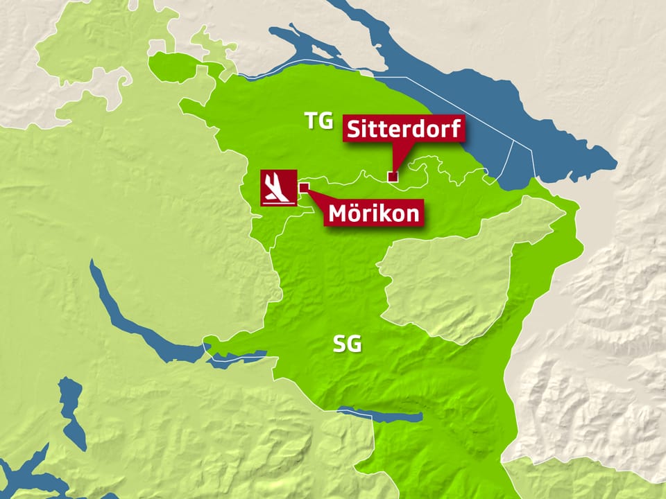 Kartenausschnitt der Ostschweiz zeigt Absturzstelle und Notlandestelle