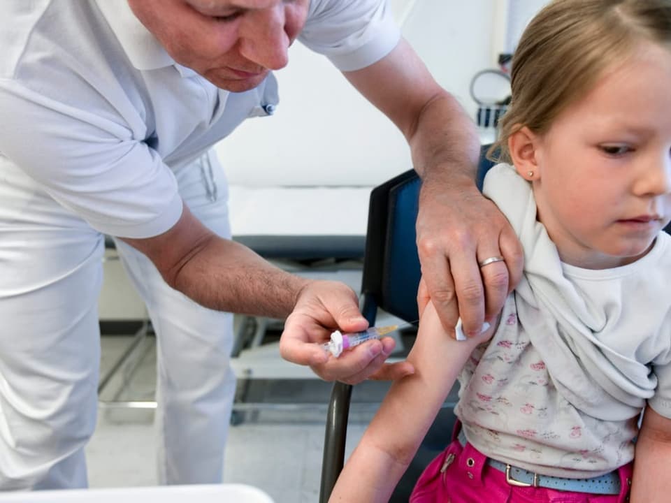 Ein Kinderarzt setzt einem Mädchen eine Impfspritze in einem Praxisraum.