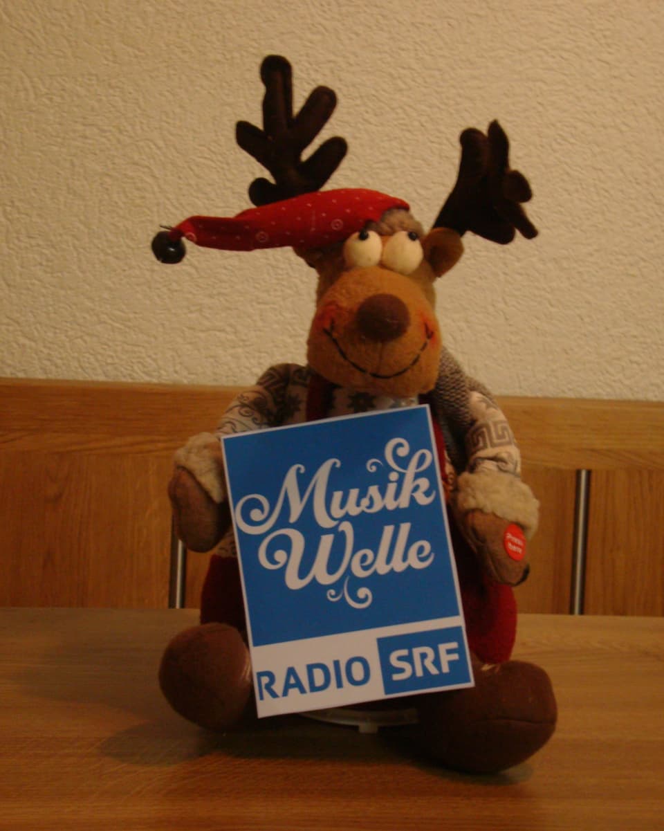 Plüsch-Elch mit roter Mütze, Wollpullover und dem Logo von Radio SRF Musikwelle.