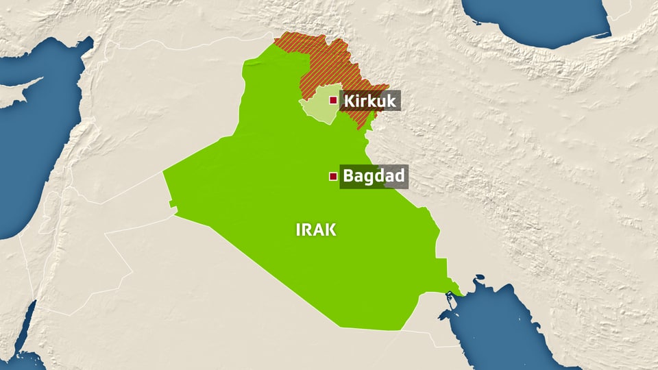 Karte Iraks, eingezeichnet sind Bagdad und Kirkuk.