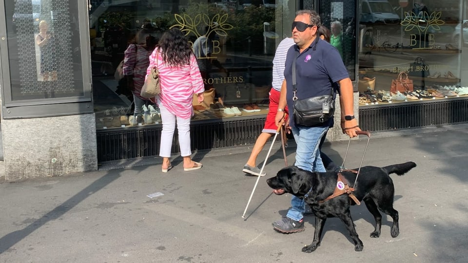 Blindenhund und -Führer gehen der Strasse entlang