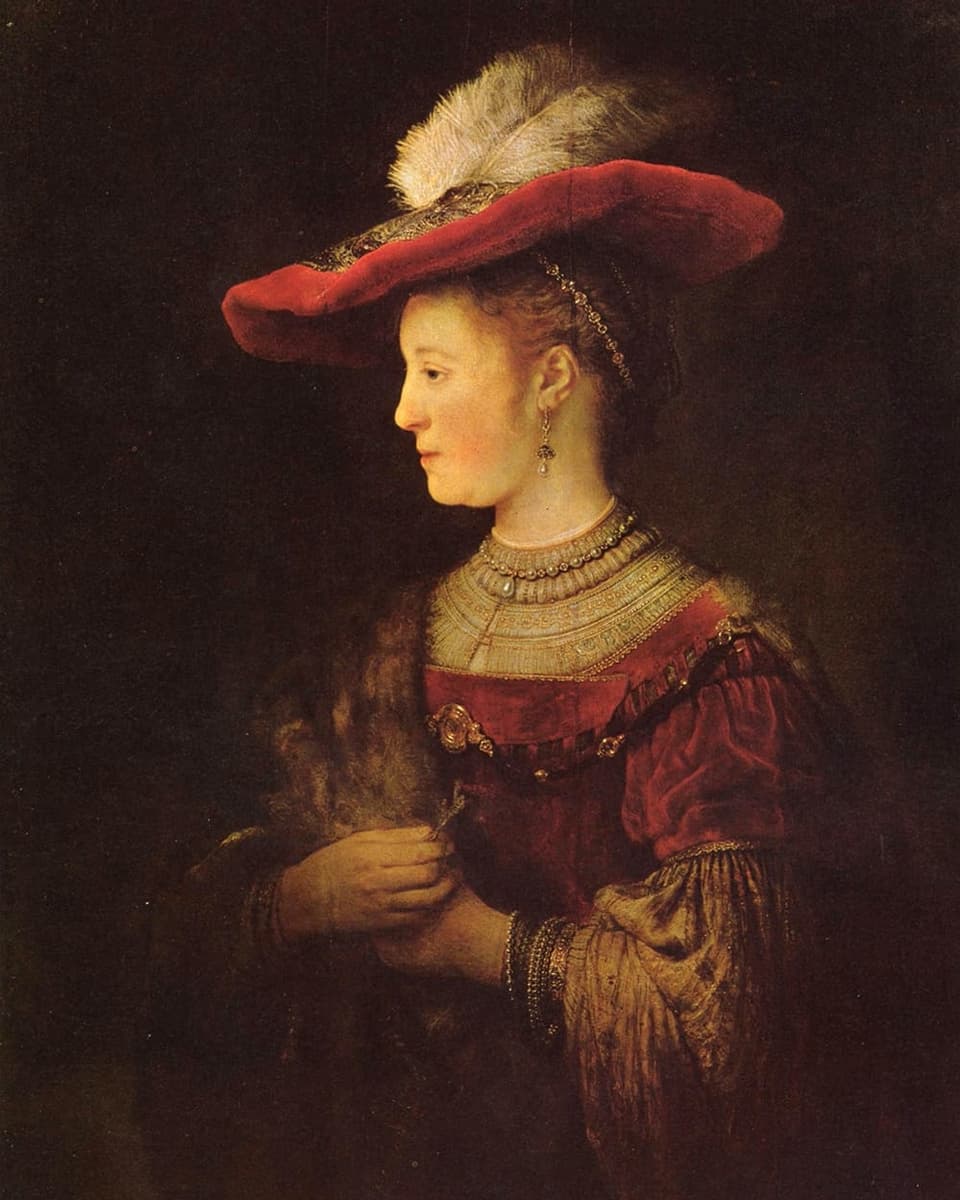 Rembrandt-Gemälde: Eine Frau mit Hut, von der Seite gesehen.