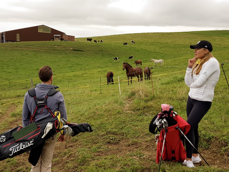 Julian und Rachel stehen auf einem Feld mit Pferden und Kühen