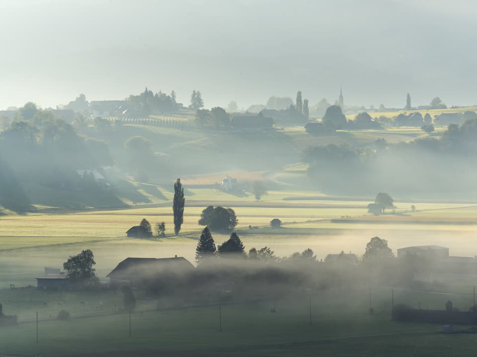 Die Sonne drückt durch die Nebelschwaden über eine Landschaft mit Bäumen und Bauernhäusern.