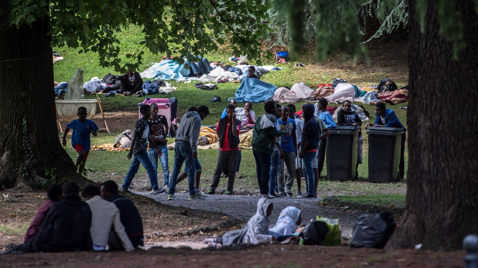 Einige Flüchtlinge in einem Park.