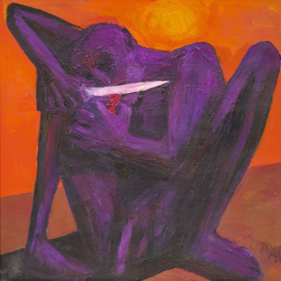 Ein Gemälde: eine violette kreatur schneidet sich die Zunge ab.