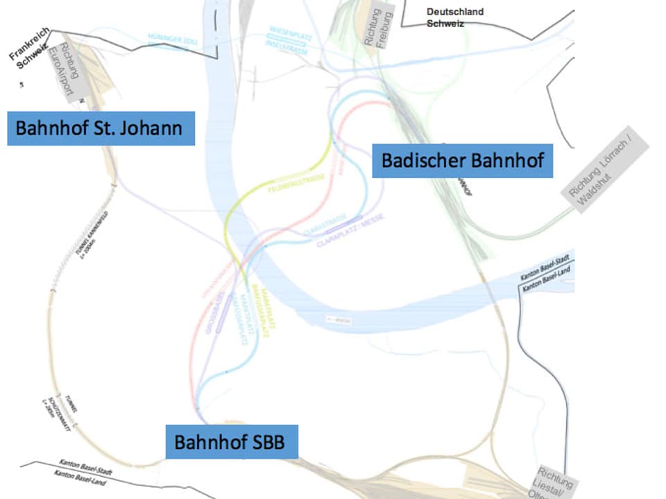 Grafik Bahnlinien und die drei Basler Bahnhöfe St. Johann, Badischer Bahnhof und Bahnhof SBB.