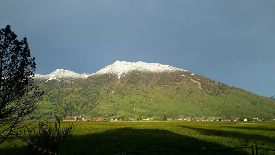 Linthebene am 26. April mit schneebedeckten Bergen im Hintergrund.