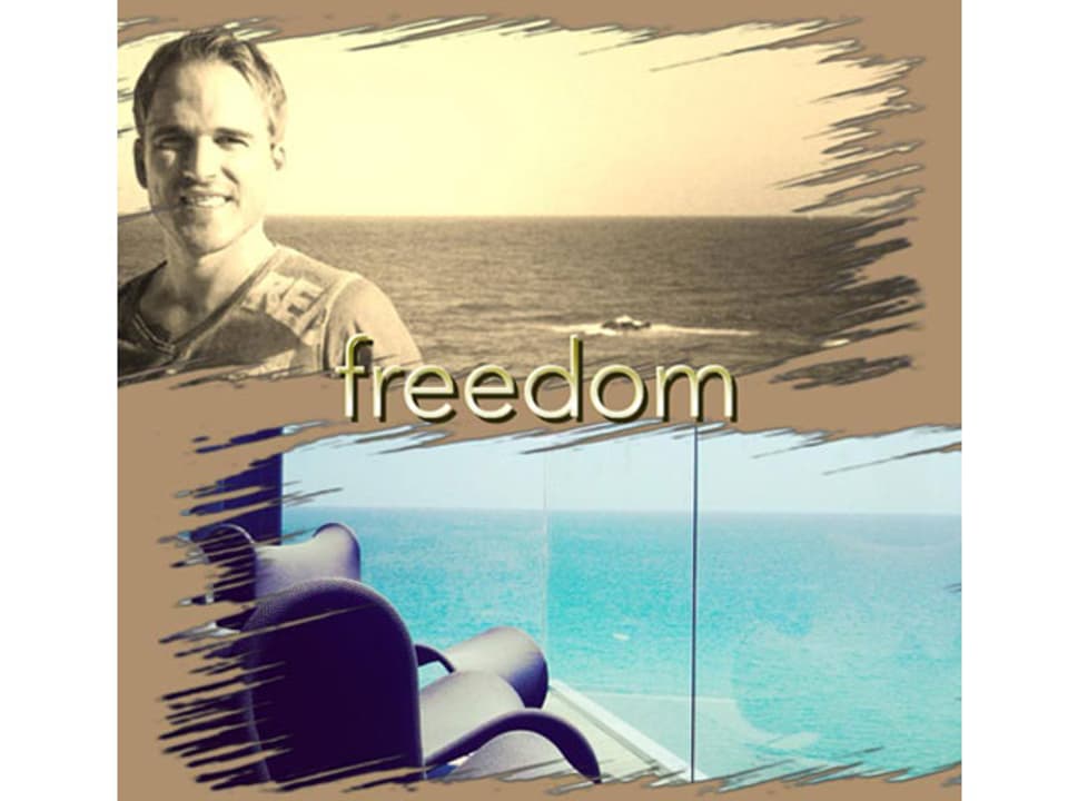 Collage mit Porträt und Meeresblick und dem Wort Freedom.