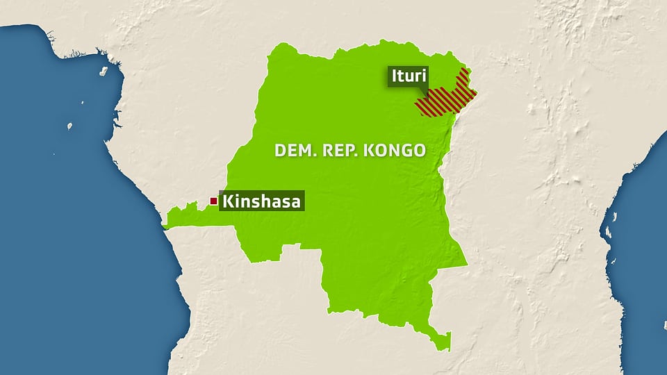 Bild mit der Demokratischen Republik Kongo. Darauf schraffiert ist die Provinz Ituri.
