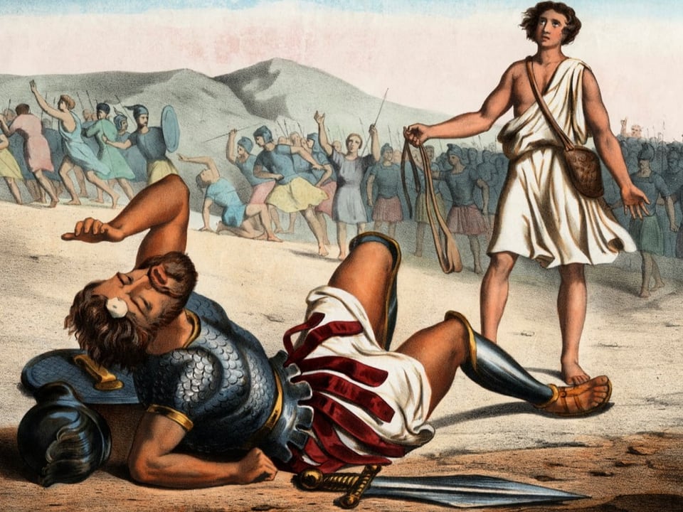 Illustration: Ein niedergestreckter Goliath liegt vor einem David mit Steinschleuder.