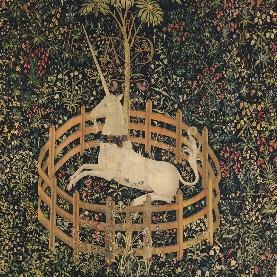 Zeichnung eines ziegenähnlichen Einhorns umringt von einem Zaun. 