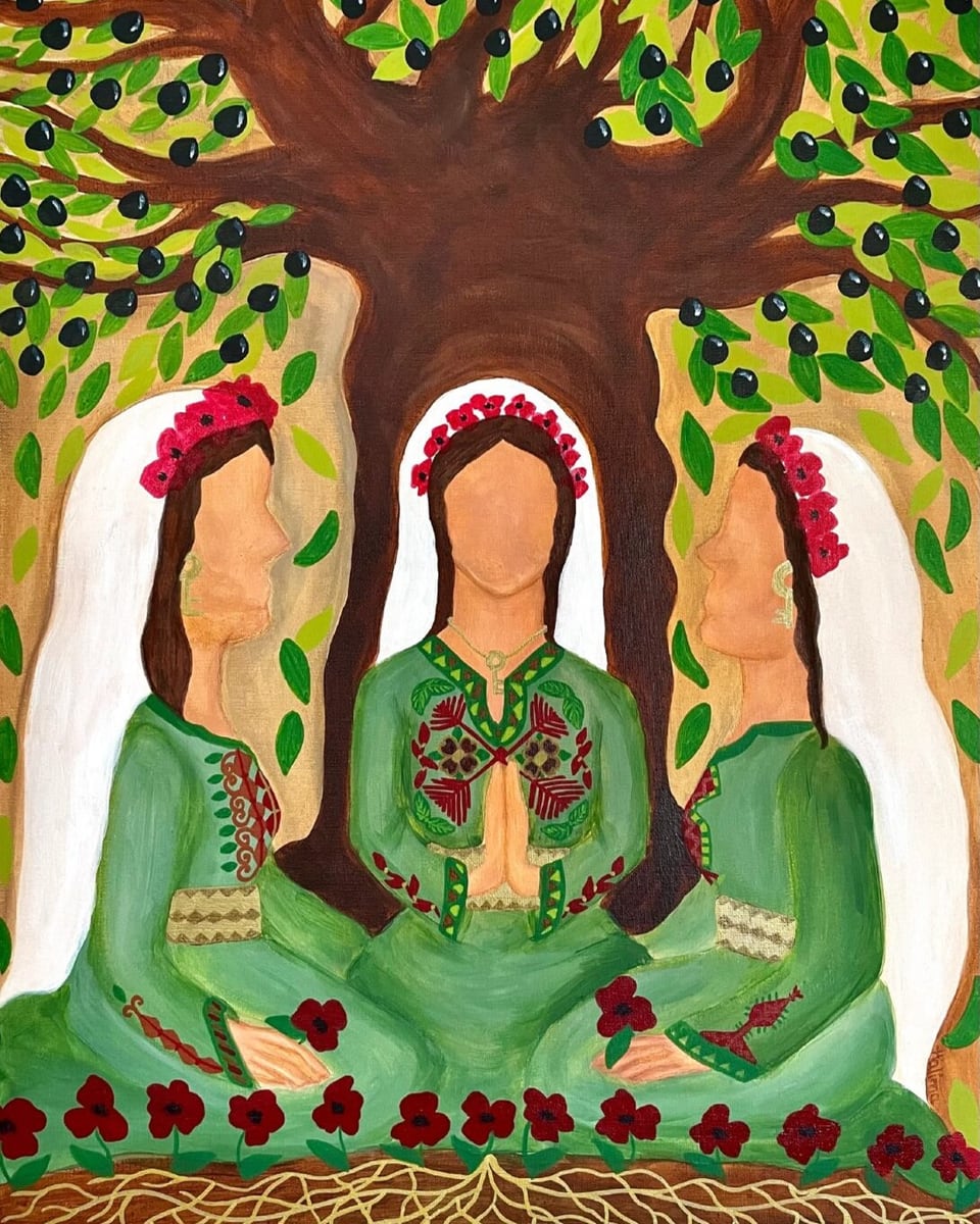 Zeichnung von drei knienden Frauen unter einem Olivenbaum