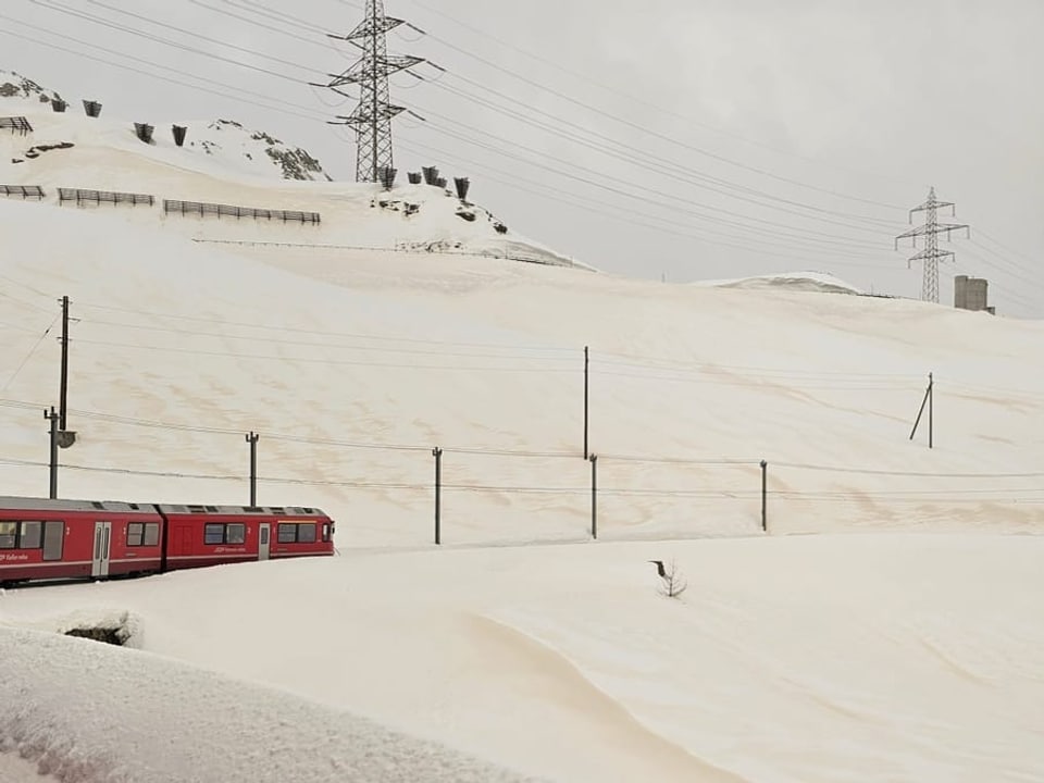 Blick auf Schnee, der mit Saharastaub bedeckt ist. Dazwischen Bernina-Bahn.