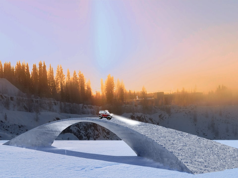 Eine Illustration zeigt eine geplante Bogenbrücke aus Eis in einer Schneelandschaft.