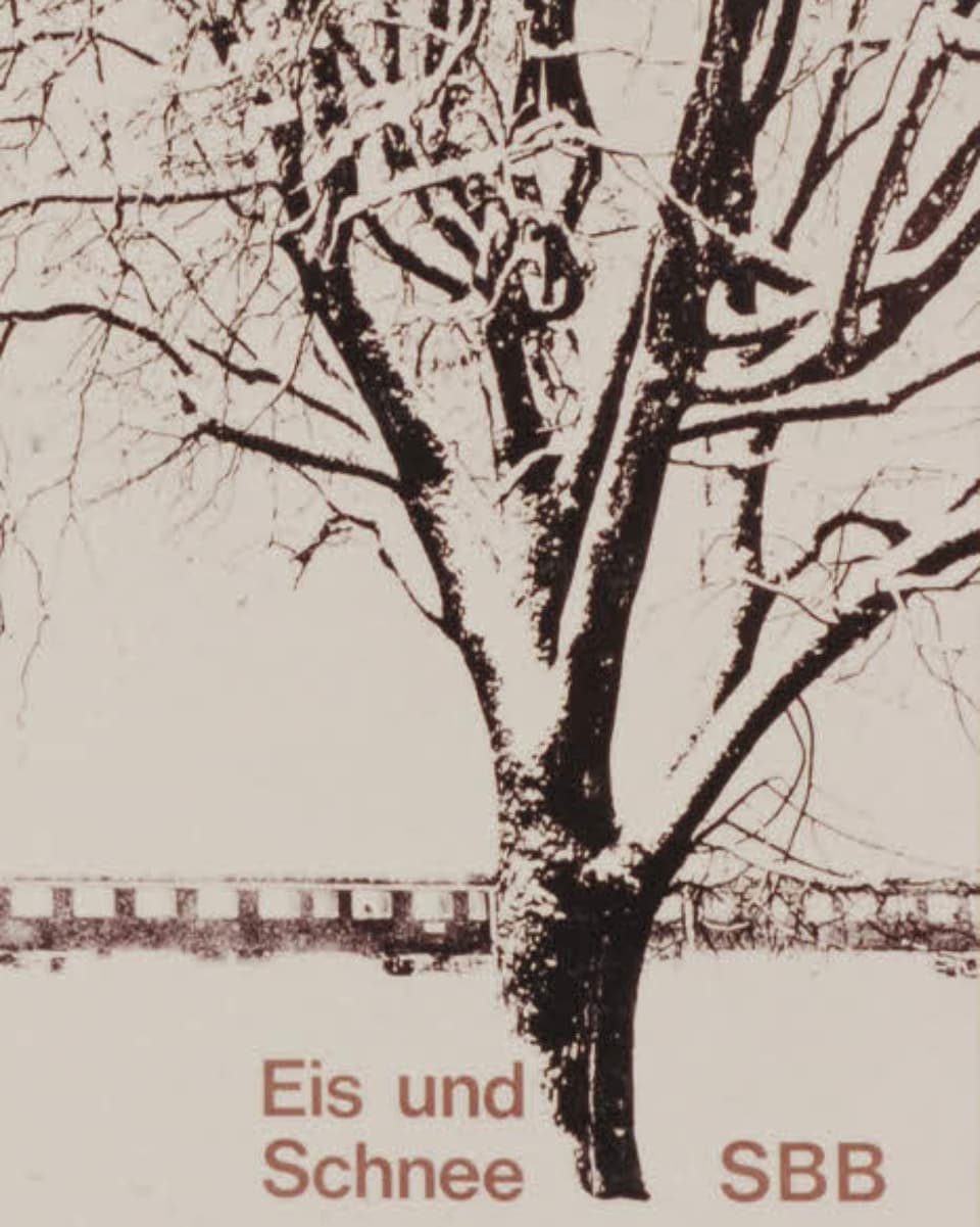 Plakat, das einen verschneiten Baum zeigt mit einem Zug im Hingergrund, dazu die Aufschrift «Eis und Schnee – SBB».