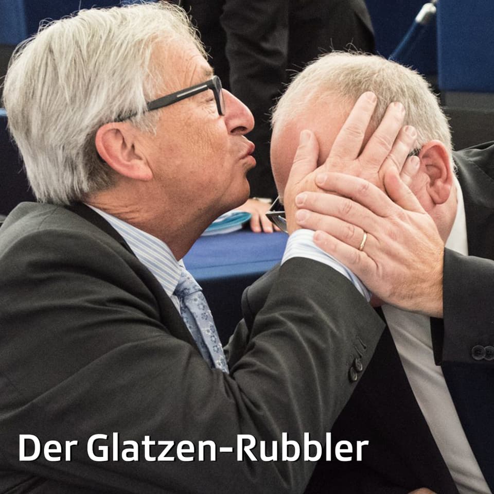 Ein Klassiker aus dem Junckerschen Begrüssungsrepertoire: Der Glatzen-Rubbler. Hier angewandt bei EU-Vize Frans Timmermans 2015.