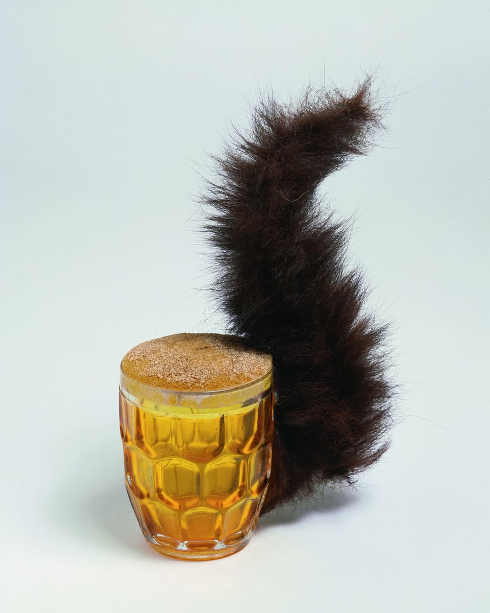 Ein voller Bierkrug, an dem statt einem Henkel ein buschiger Eichhörnchen-Schwanz befestigt ist.