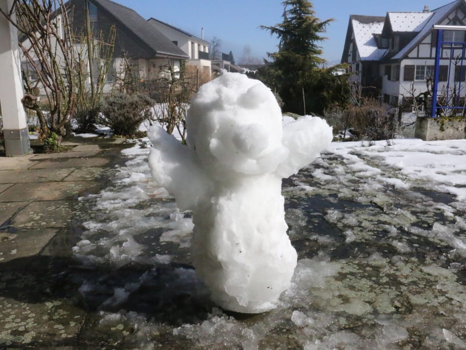 Ein lachender Schneemann am Schmelzen.
