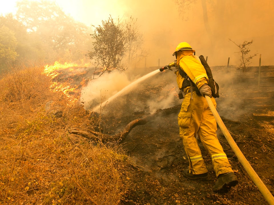 Ein Feuerwehrmann bekämpft mit einem Wasserschlauch ein Buschfeuer.